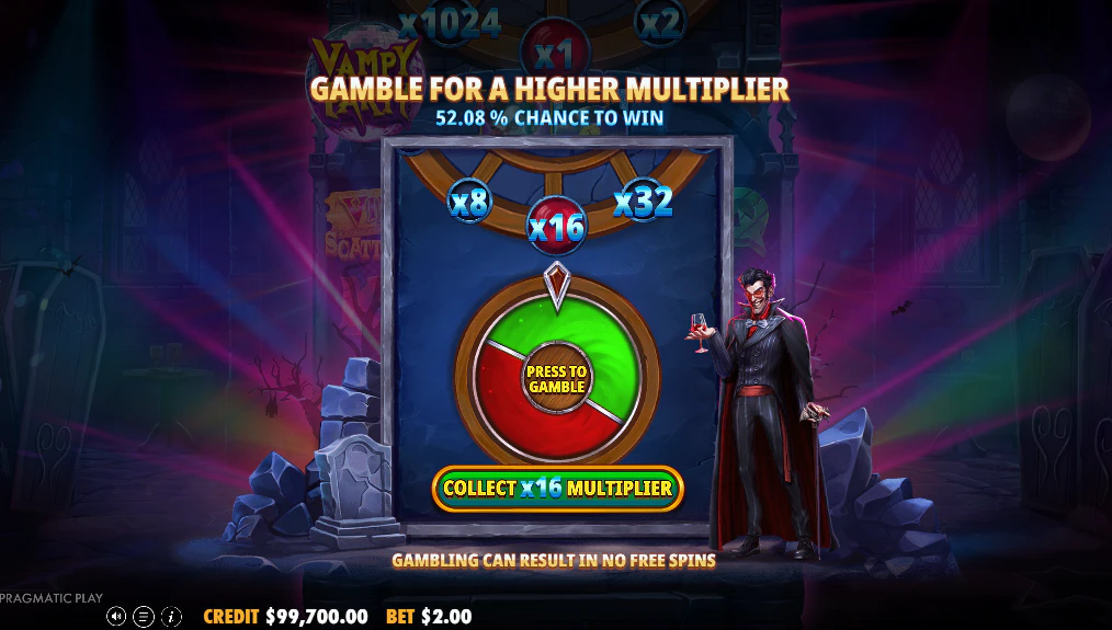 The Gamble Wheel feature in Vampy Party, offering the player a 52% chance to double their starting multiplier before free spins begin.