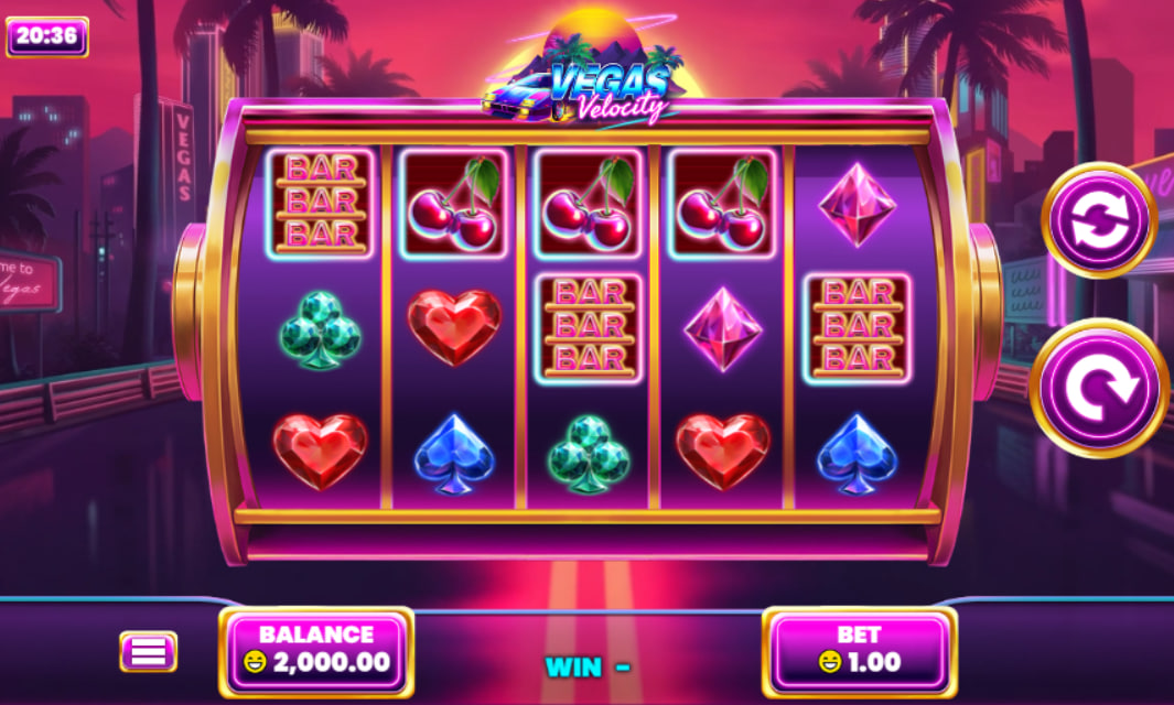 The main 3x3 reel grid of the Vegas Velocity slot, set against a neon-lit Las Vegas background, showing the game's retro theme.