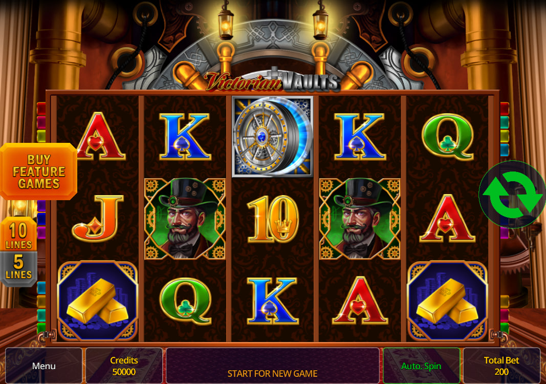 The main 5x3 reel grid of the Victorian Vaults slot showing a winning payline with the high-value Gentleman symbol, illustrating the game's steampunk design.