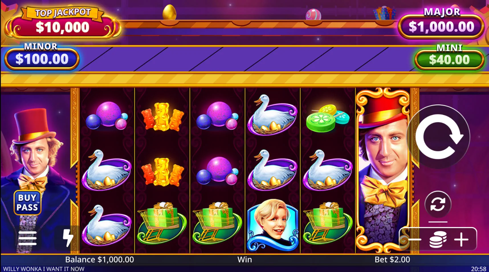 The 6x3 main game grid of Willy Wonka I Want It Now, showing character and candy symbols, demonstrating the slot's standard gameplay layout
