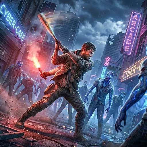 A cinematic scene of a survivor fighting zombies in a ruined city, illustrating the action and horror context of Zombie-themed slots available on the page.