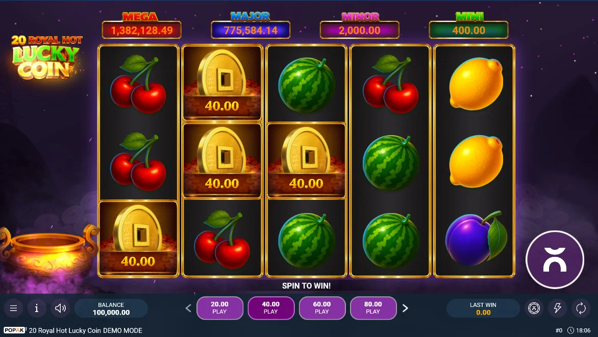 20 Royal Hot Lucky Coin main slot interface with fruit symbols and progressive jackpot meters showing values over 1.6 million.