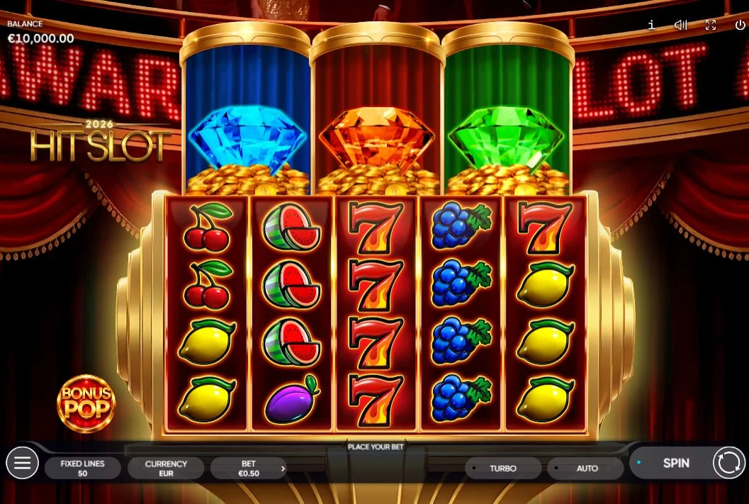 2026 Hit Slot main game 5x4 grid with fruit symbols and three activation diamonds above the reels for bonus triggering.