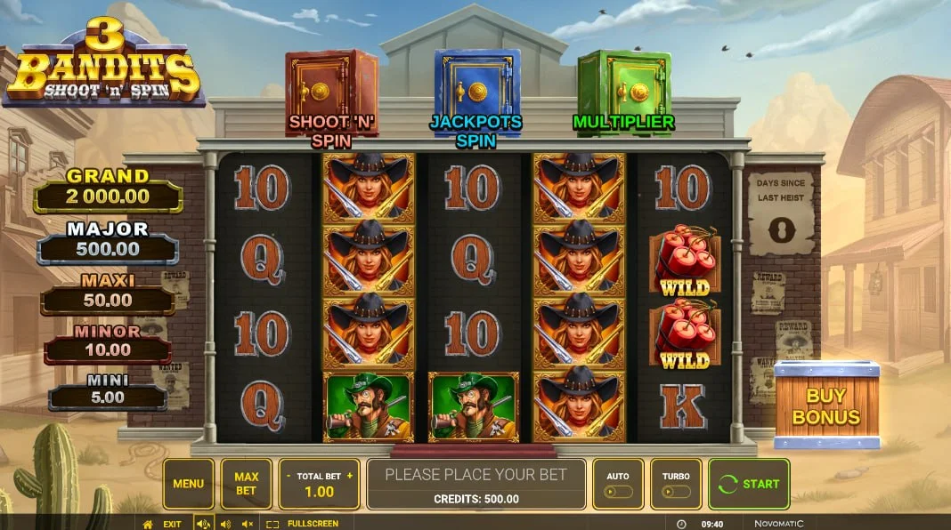Main gameplay screen of 3 Bandits: Shoot 'n' Spin slot showing the 5x3 grid and three vaults, highlighting the Wild West atmosphere for players.