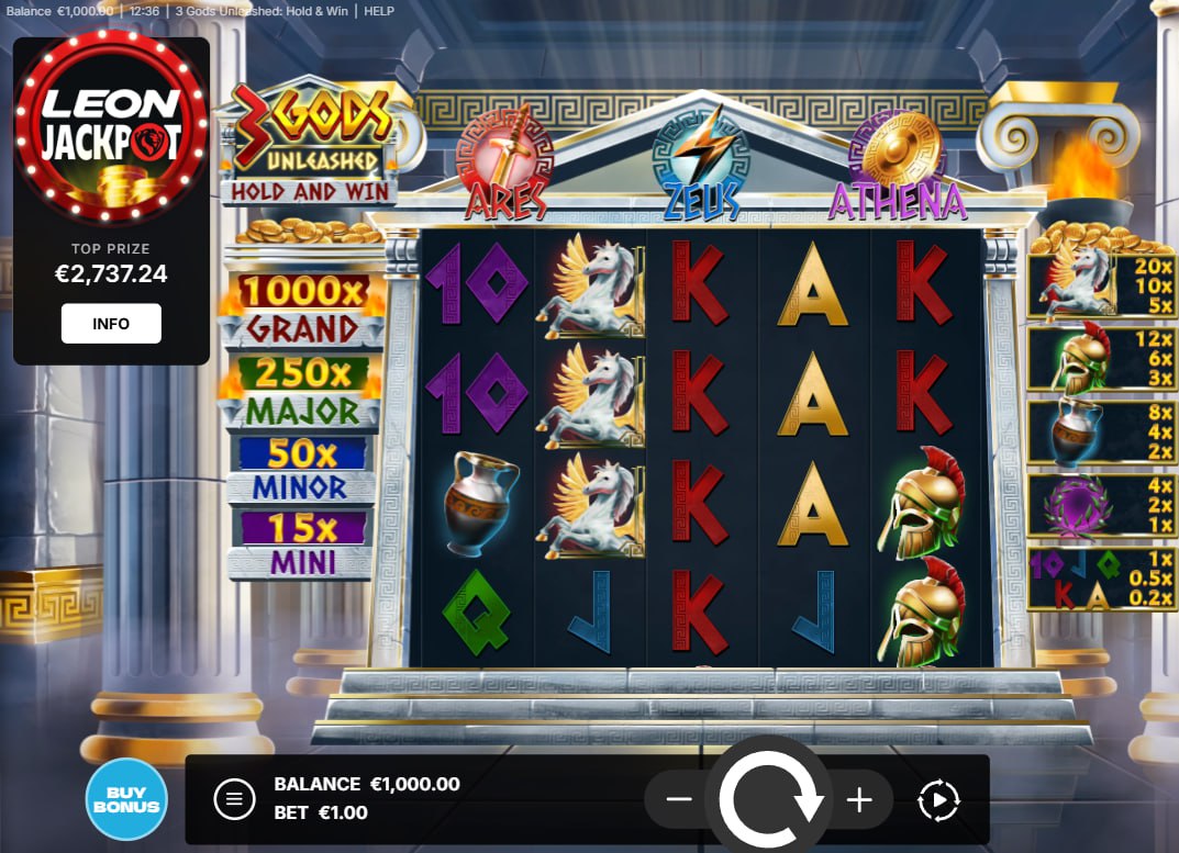 Main gameplay grid of 3 Gods Unleashed slot featuring Ares and Zeus symbols on the reels for bankroll building.