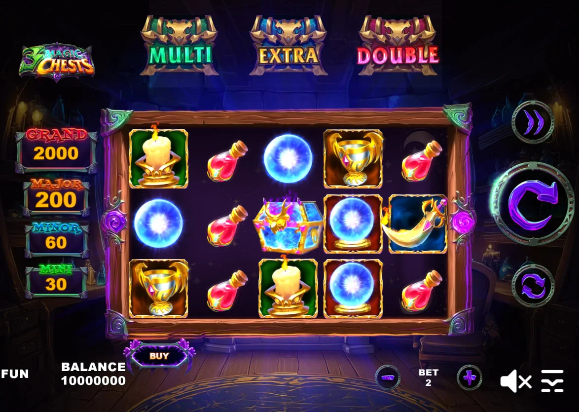 3 Magic Chests slot main game screen showing the 5x3 grid and three bonus chests for visual context of the game's core layout.