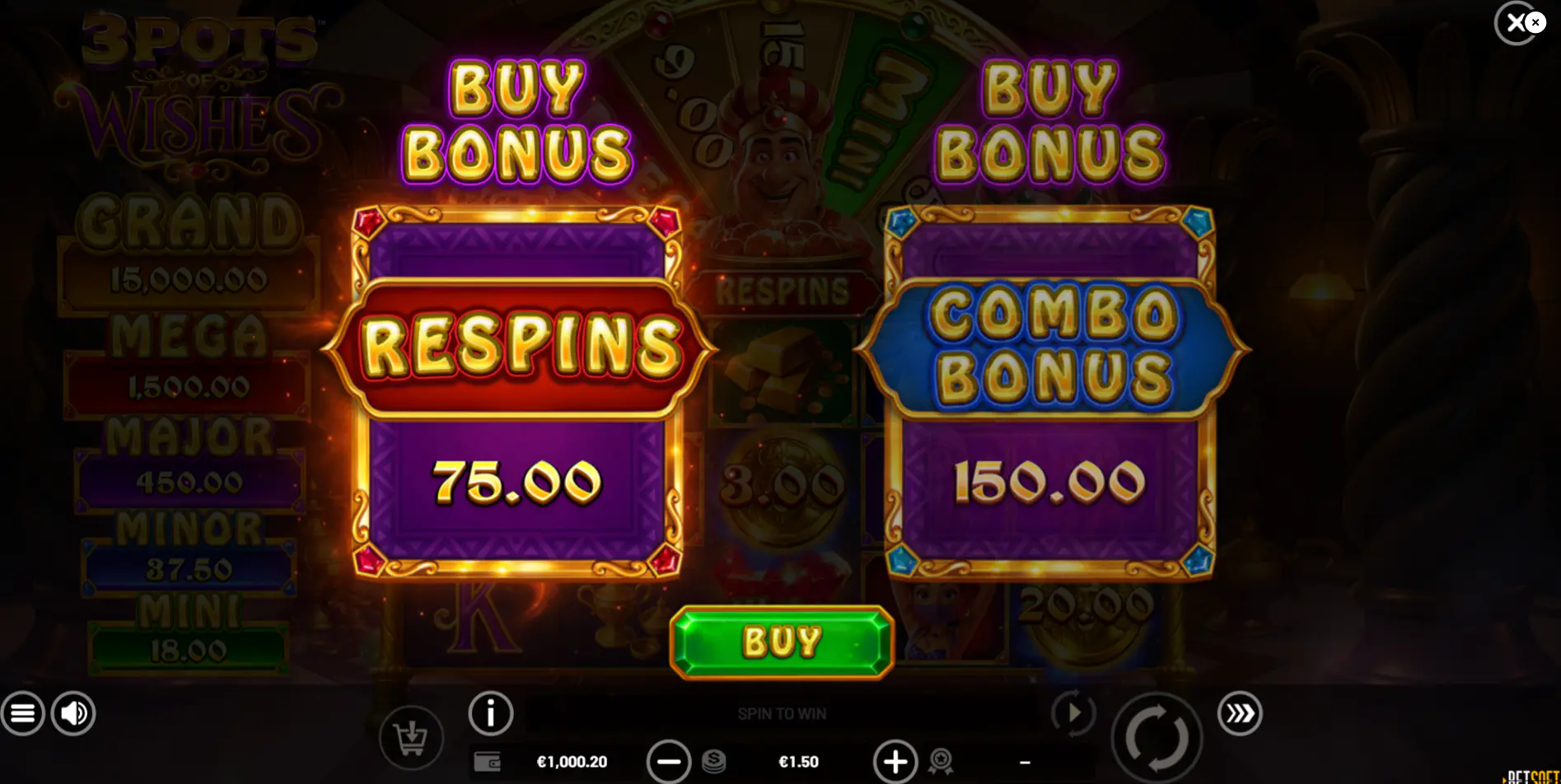 Bonus Buy menu offering standard Respins for 50x the bet and the Combo Bonus for 100x the bet