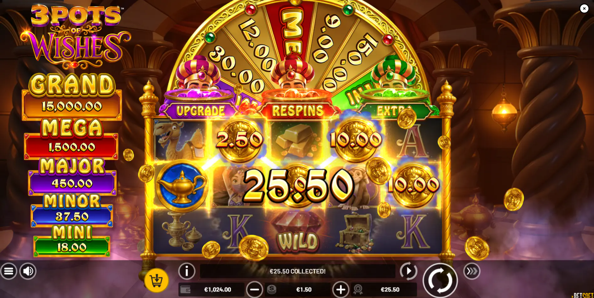 Blue Lamp Collect symbol on reel 1 gathering gold coin cash values across the 5x3 grid in 3 Pots of Wishes slot