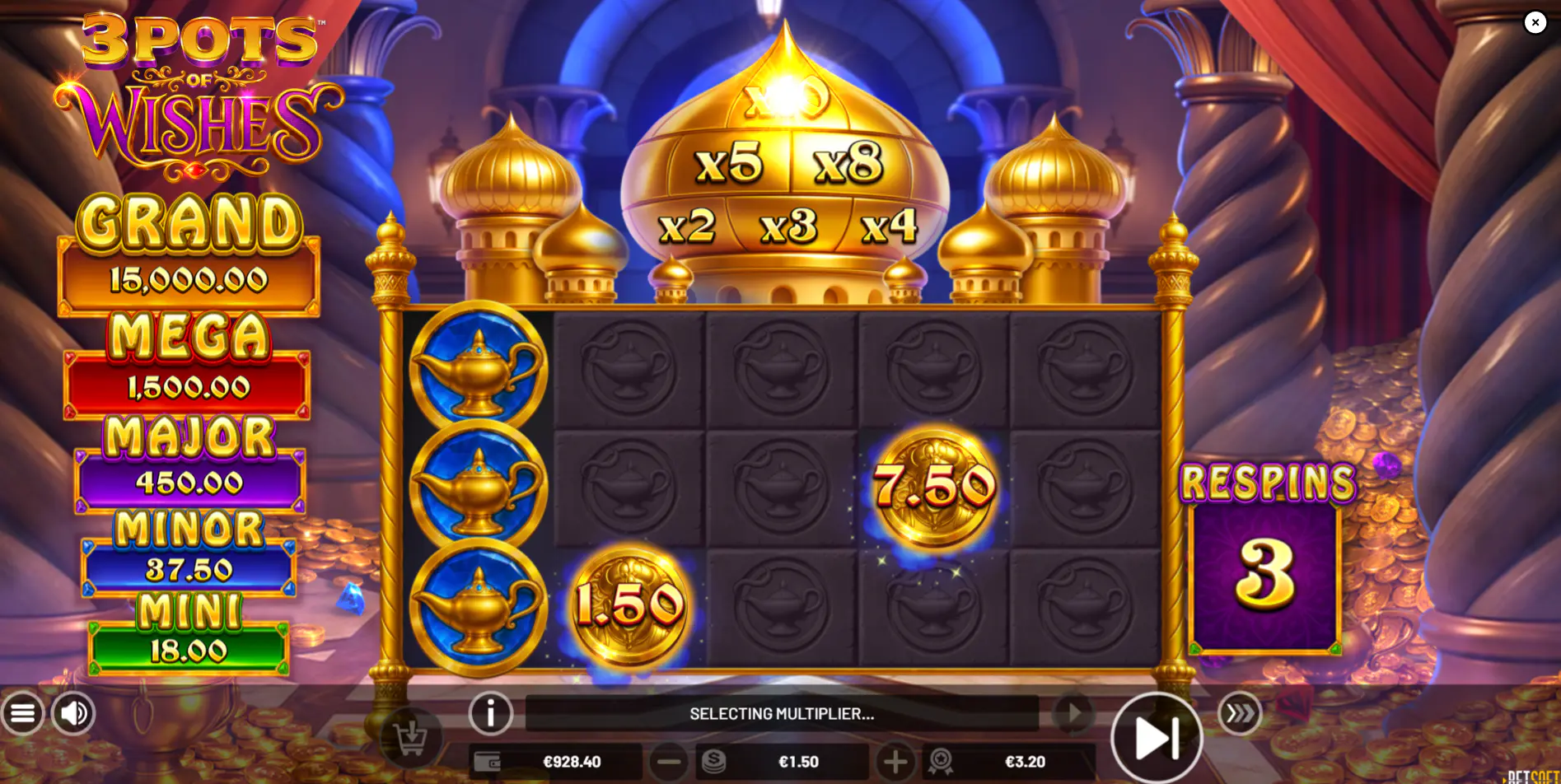 Respins feature showing reel 1 locked with Collect symbols and random multipliers applied to cash coins