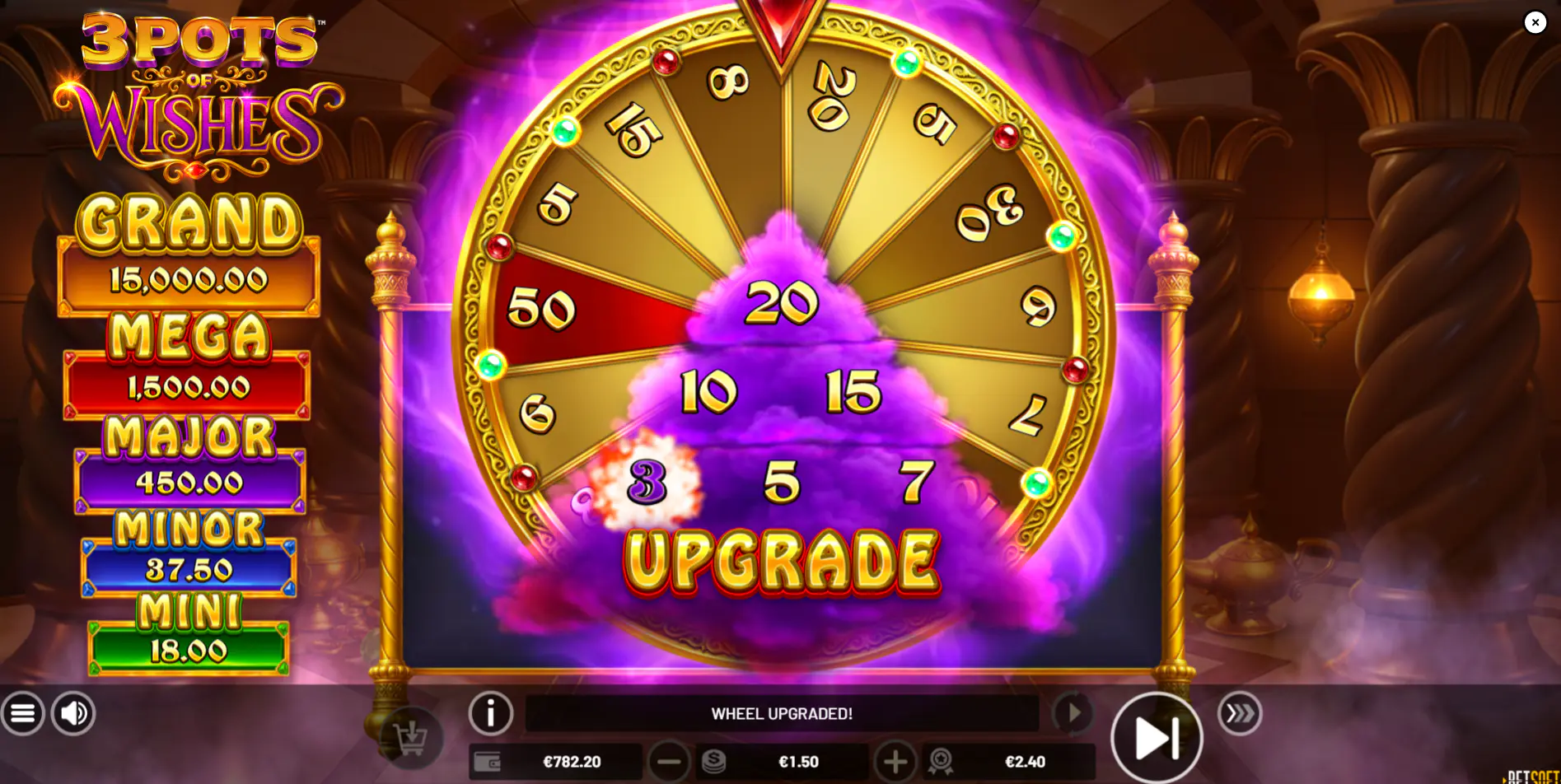 Purple Upgrade Pot bonus wheel displaying cash prizes and fixed jackpots before the final spin