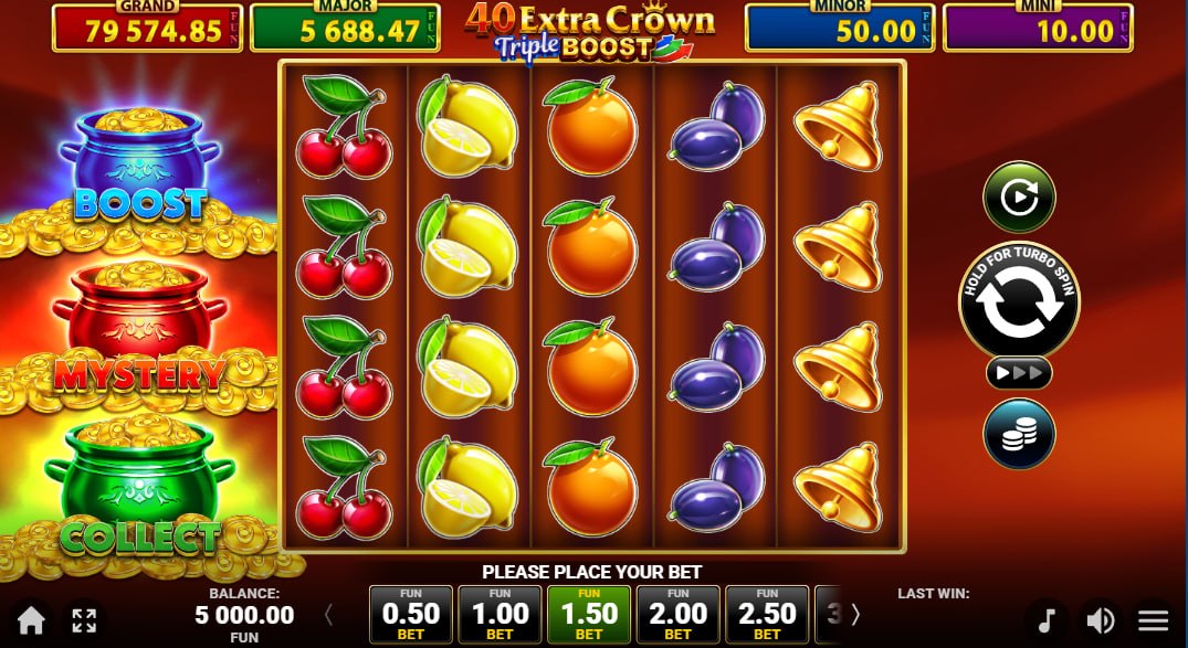 Expanding Wild crown symbol covering the third reel in 40 Extra Crown Triple Boost slot, showing its ability to connect multiple fruit paylines.