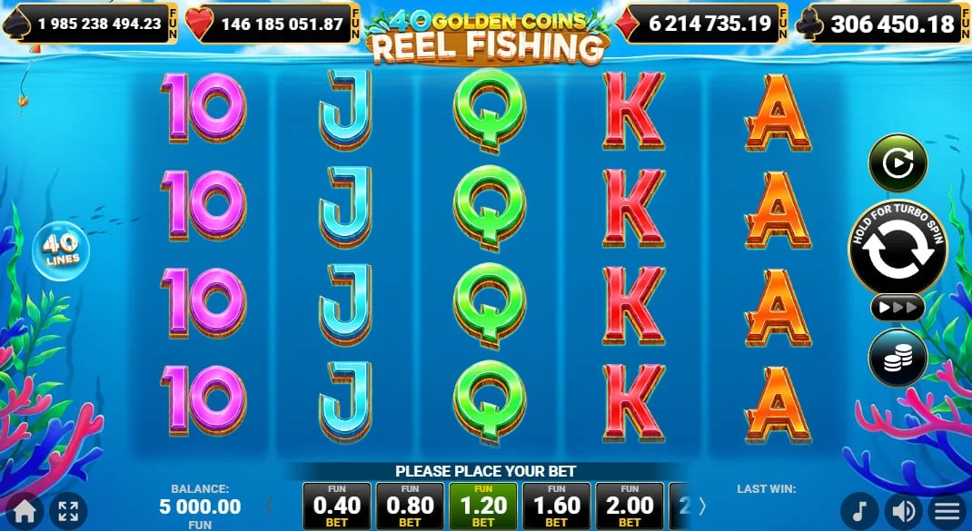 40 Golden Coins: Reel Fishing main game interface showing the 5x4 underwater reel grid and control panel to help players understand the visual layout.