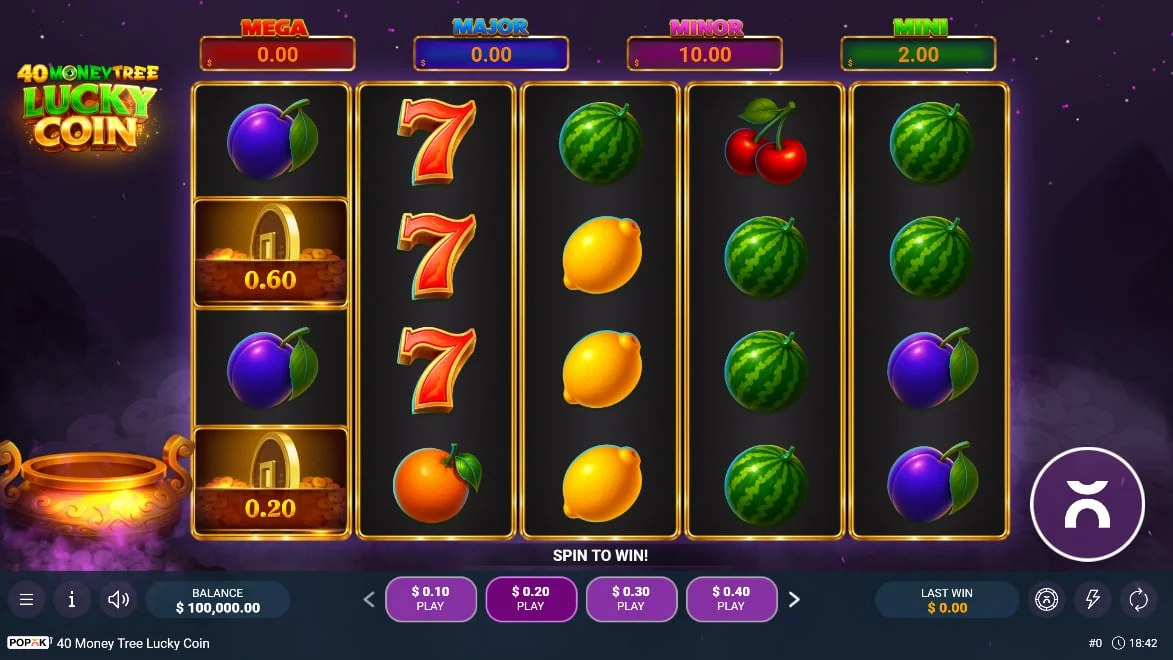 40 Money Tree Lucky Coin main game screen showing a 5x4 grid with fruit symbols and jackpot displays, providing a clear view of the interface for new players.