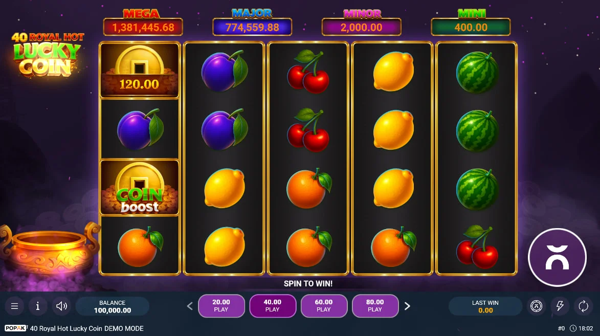 40 Royal Hot Lucky Coin main slot grid with watermelon and lemon symbols showing the 5x4 layout and current progressive jackpot totals.
