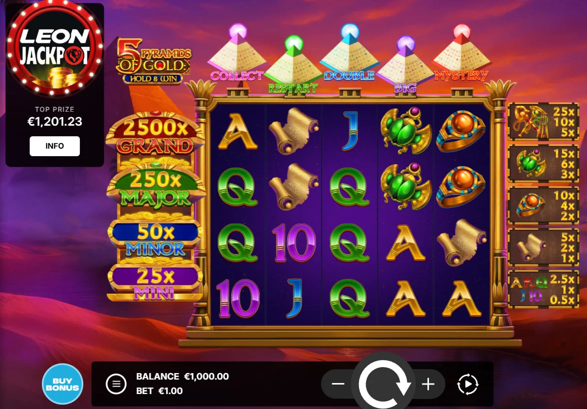 5 Pyramids of Gold main 5x3 reel set displaying Egyptian symbols and gems during a base game spin for potential wins.