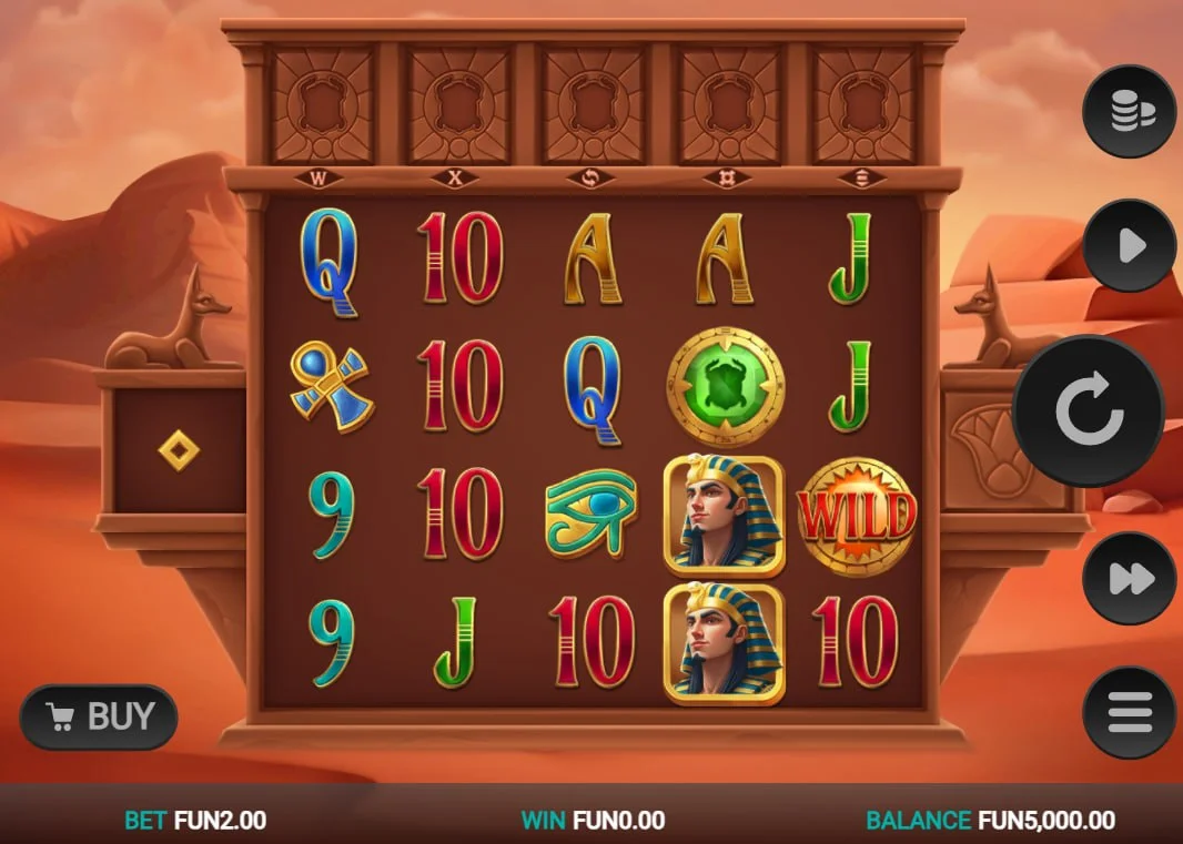 5x4 grid of 5 Tombs of Fortune slot featuring Pharaoh and Egyptian icons providing a visual overview of the game layout for players.