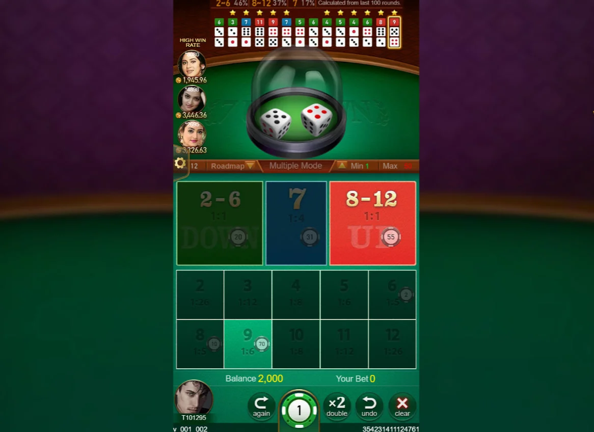 Main gameplay interface of 7up7down by TaDa Gaming showing the dice dome and betting grid to help players understand the layout.