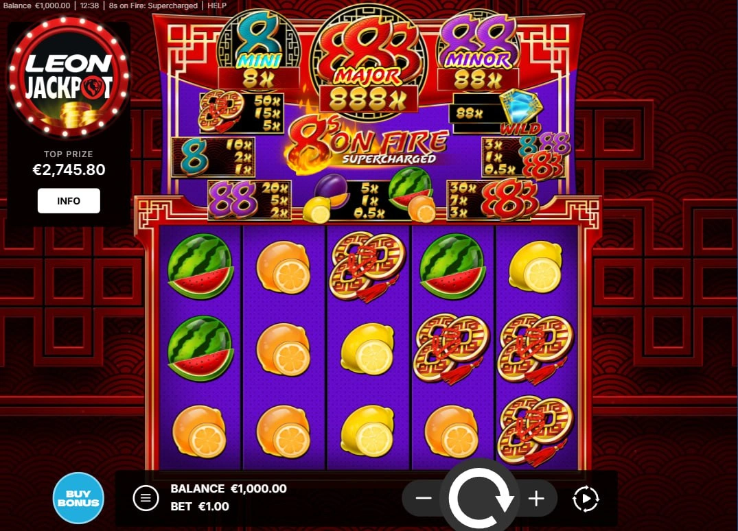 8s on Fire Supercharged slot main interface showing 5x3 reels and the 888x Major jackpot display for player tracking.