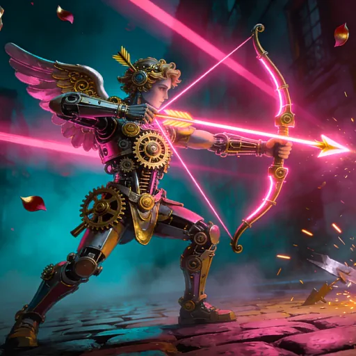Mechanical Cupid firing a glowing arrow at a brass heart, low angle view, representing the blend of mechanics and romance in slots