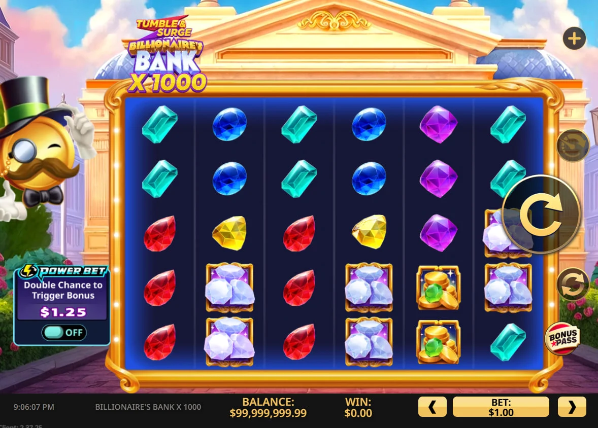 Billionaire's Bank x 1000 slot 6-reel grid layout featuring diamonds and cash symbols on a dark blue background.