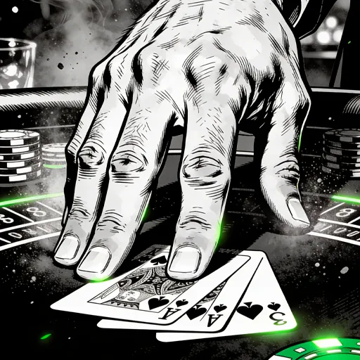 Hands slamming winning blackjack cards on a casino table, graphic novel style, illustrating table game tension