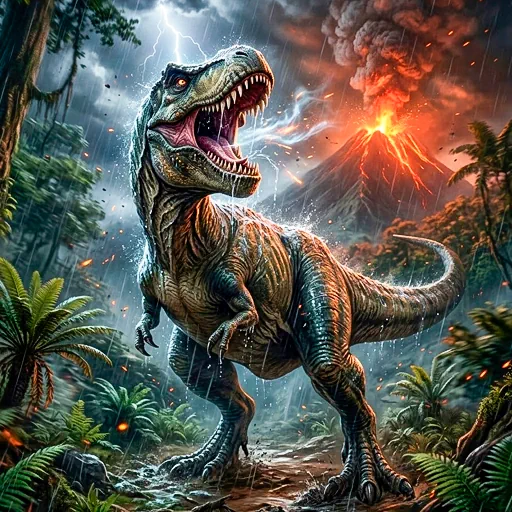 A T-Rex roaring in a stormy, volcanic jungle, representing the high-energy action of the dinosaur-themed demo slots available for free play on the site.