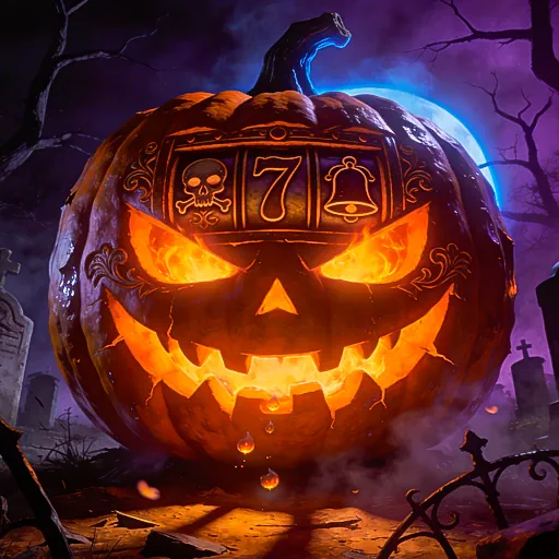 A glowing jack-o'-lantern with slot symbols carved into it, set in a spooky graveyard, representing the Halloween-themed demo slots collection on the page