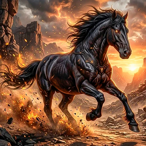 A powerful black stallion from a horse-themed slot game galloping through a canyon, representing the speed and excitement central to the horse slots theme on the page