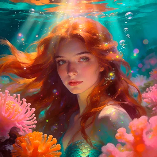 Close-up portrait of a beautiful classic mermaid with flowing red hair in a vibrant, sunlit coral reef, embodying the fantasy theme of mermaid slots.