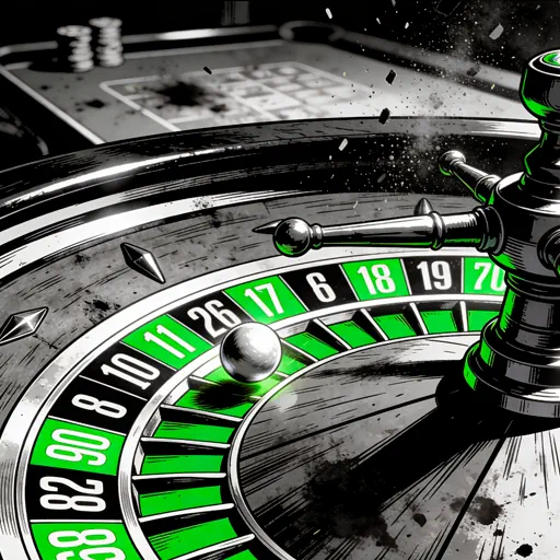 Spinning roulette wheel with a silver ball in a dark graphic novel style, representing the dynamic nature of casino table games
