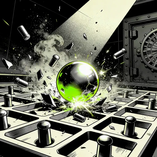 Glowing metallic ball shattering a peg board in an industrial vault, illustrating the dynamic mechanics of Plinko games