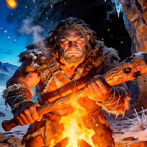 A powerful caveman in animal furs holding a large club, illuminated by a bright campfire at his cave entrance during the Ice Age, representing the human survival aspect of Prehistoric-themed slots.