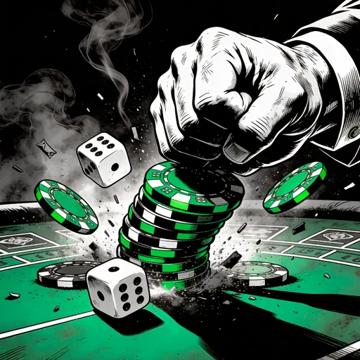 Hands dealing playing cards on a casino table in a dark graphic novel style, representing the strategic mechanics of digital table games