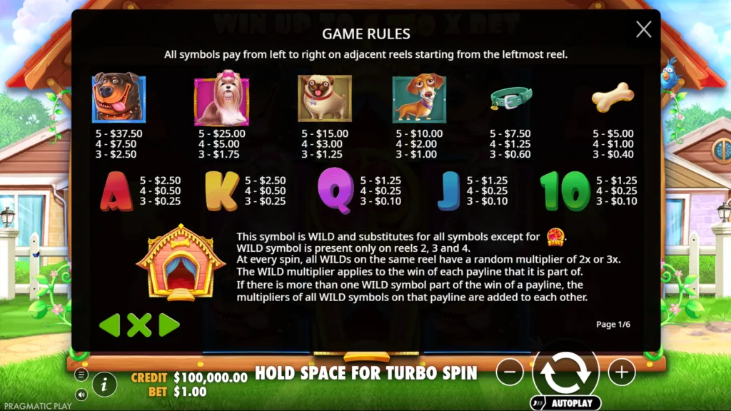 The Dog House paytable showing symbol values and Wild multiplier rules