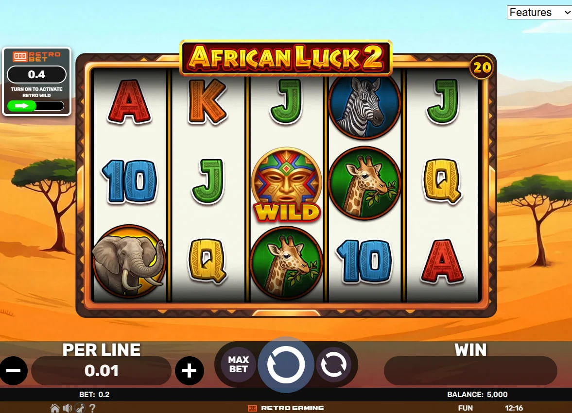 Full 5x4 reel set of African Luck 2 slot featuring lion and elephant symbols on a savannah background to show the game interface.