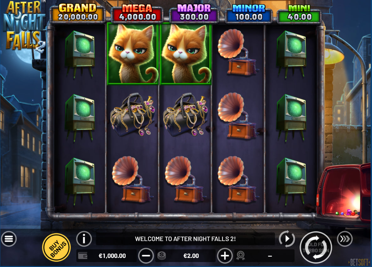 After Night Falls 2 slot main game interface showing the 5x3 grid and five fixed jackpots up to $20,000 on a night city background.