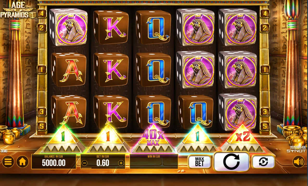 Dice symbols with Egyptian icons on a 5-reel grid in Age of Pyramids Dice slot showing the basic user interface and 5-payline structure.