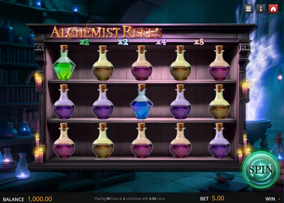 Full view of the Alchemist Reels slot interface showing the 5x3 grid of potion bottles and the active x1 to x8 multiplier bar.