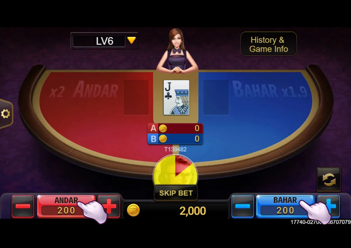 Jack of Clubs as the center winning card in Andar Bahar by TaDa Gaming showing the start of a betting round.