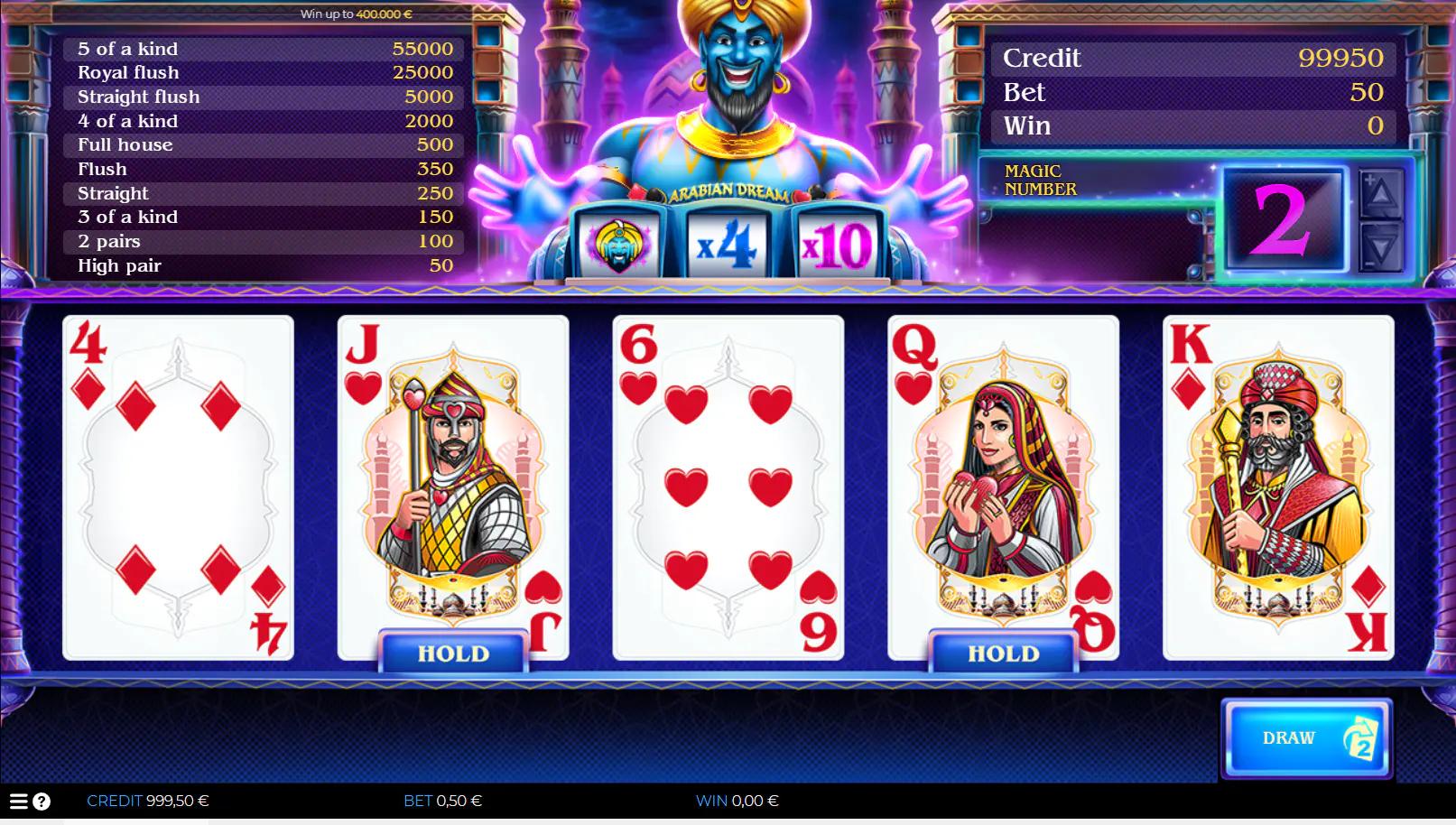 Arabian Dream hand with held cards and active Magic Slot, during draw setup, showing the feature layer that changes win value