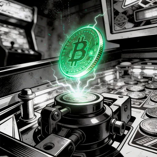 Glowing digital coin on a mechanical pusher in a dark arcade, illustrating physics-based arcade casino mechanics