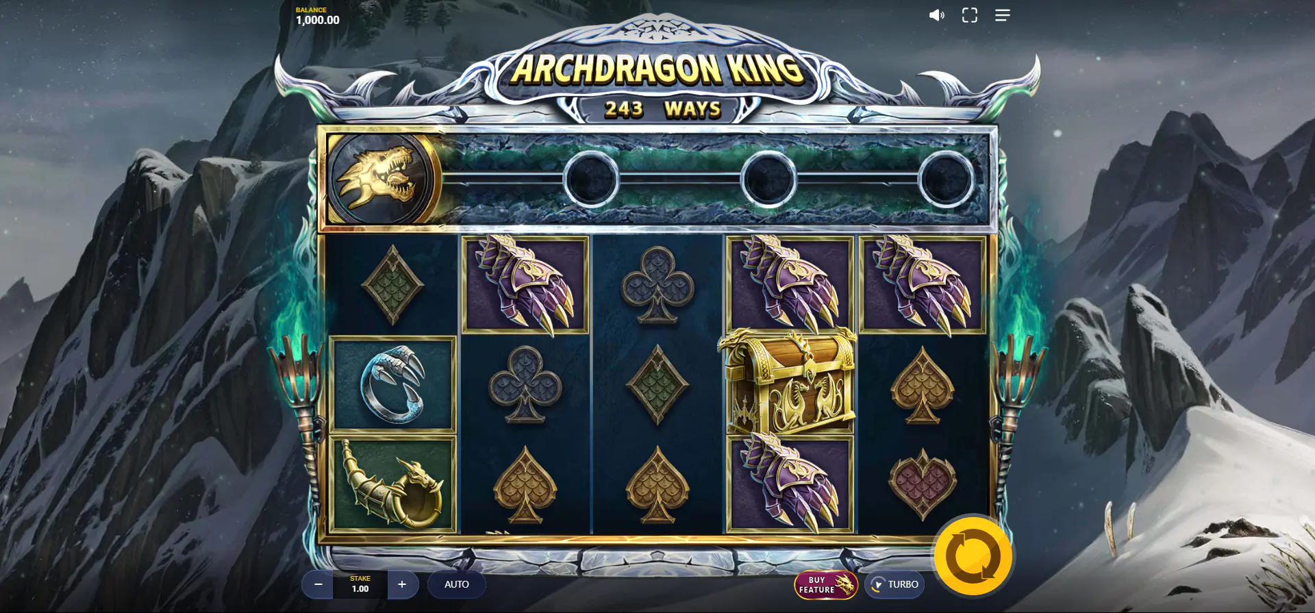 The main 5x3 grid in Archdragon King showing the locked top row and the Dragon Evolution progress bar, highlighting the initial layout restrictions.