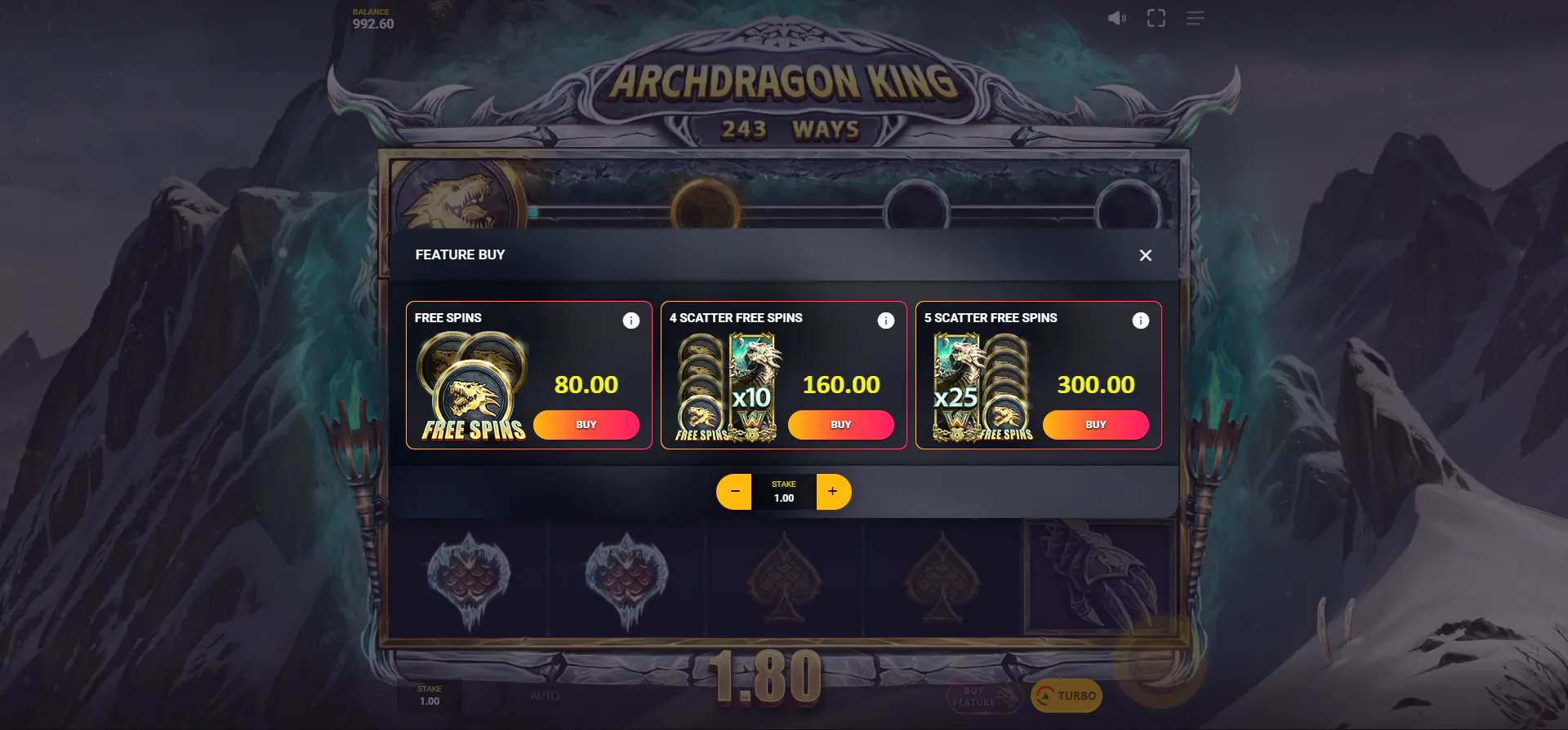 The bonus buy menu displaying three purchase options priced at 80x, 160x, and 300x the current stake.