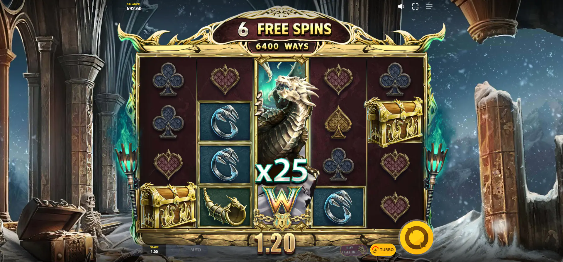 The fully unlocked 5x4 grid during Free Spins featuring a massive 1x4 Dragon Wild locked with a x25 multiplier.