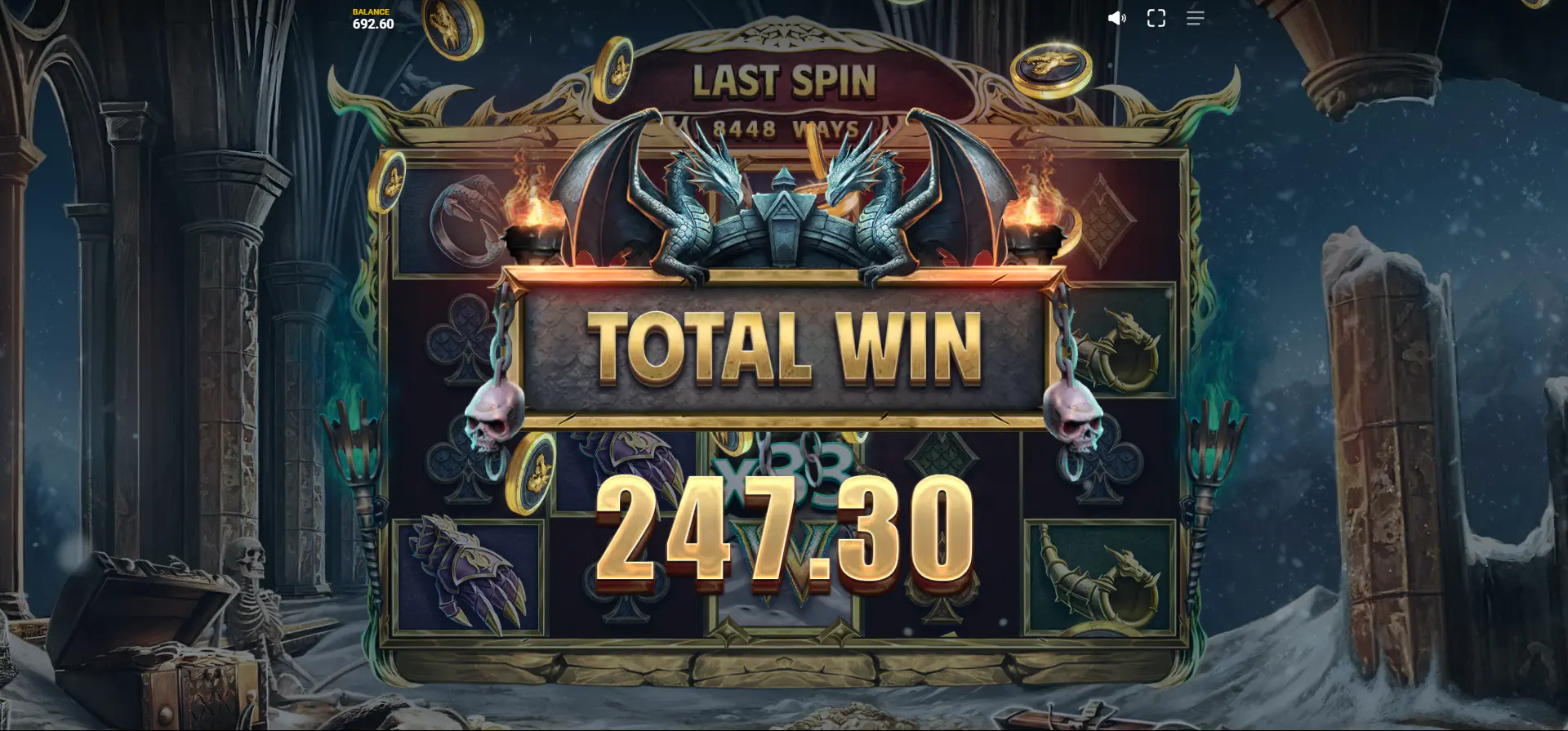 The final win screen showing a total payout of 247.30 after completing the Free Spins feature.