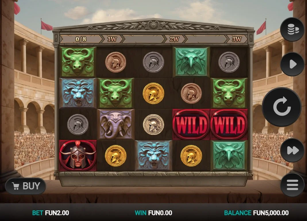 Bonus round activation in Arena of Fortune slot with Colosseum scatter symbols triggering 7 free spins.