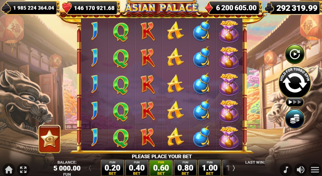 Asian Palace slot main grid showing symbols and four progressive jackpots at the top for player tracking.
