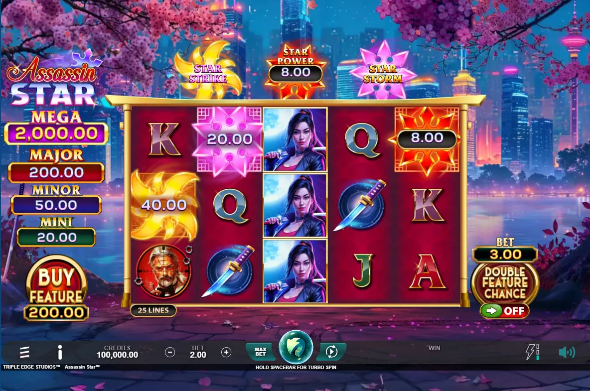 Assassin Star main game interface showing neon city background and Star Strike pots which is important for tracking bonus trigger progress.