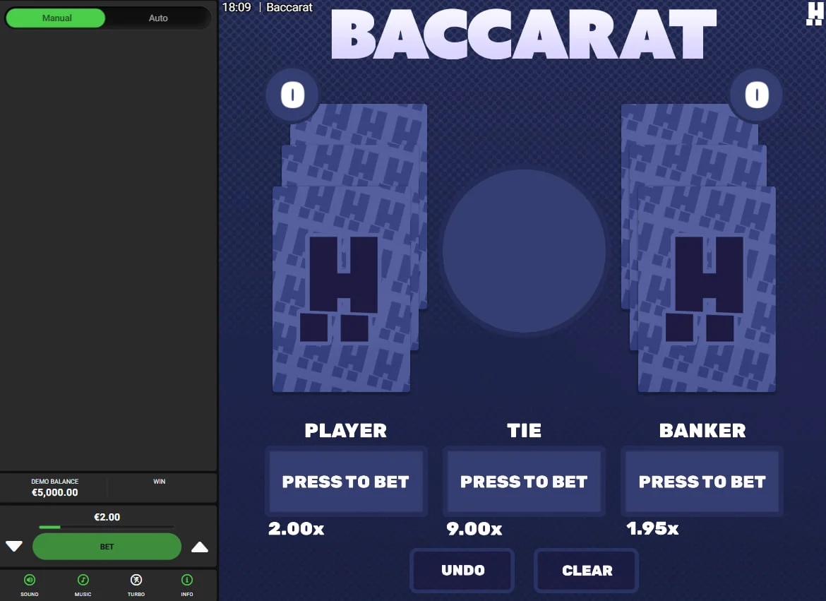 Main betting interface of Baccarat by Hacksaw Gaming showing Player, Tie, and Banker betting zones with their respective 2.00x, 9.00x, and 1.95x multipliers.