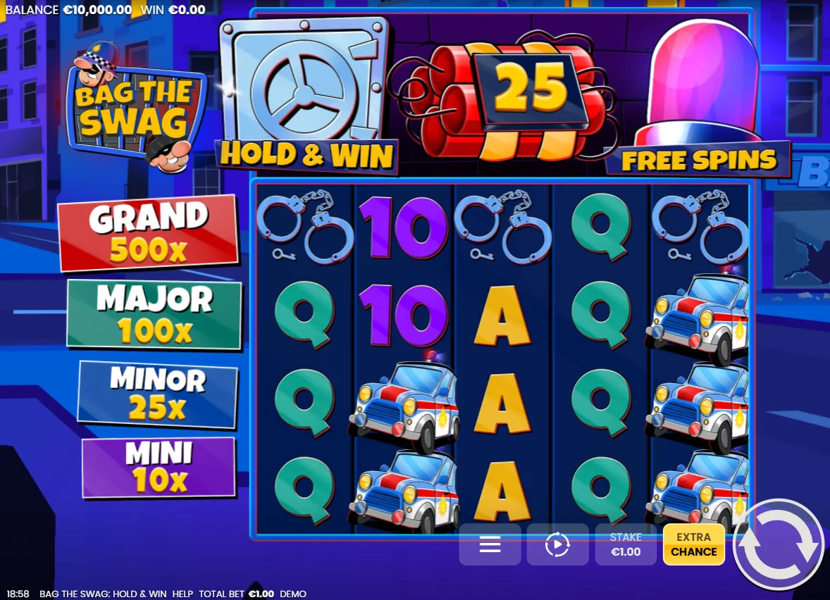 Full 5x4 game grid of Bag the Swag Hold and Win slot displaying police car and money symbols for player win evaluation.